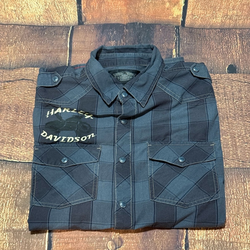 Vintage Harley-Davidson Men's Blue Plaid Motor Cycle Shirt